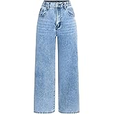 Floerns Girl's Distressed Ripped Denim Pants Elastic Waist Wide Leg Jeans with Pocket