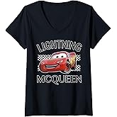Womens Disney Pixar Cars Lightning McQueen Finish V-Neck T-Shirt