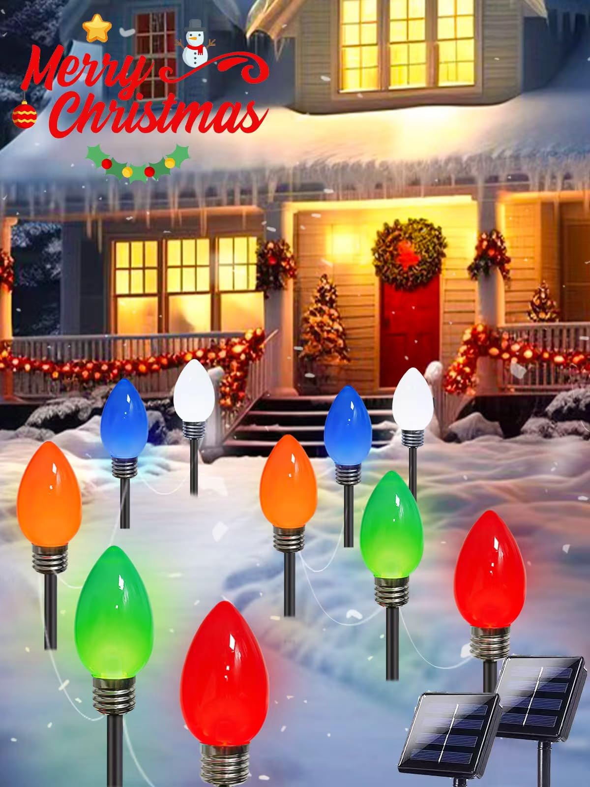 Photo 1 of 10 Pack Large C9 Christmas Decorations Outdoor Waterproof, Solar C9 Christmas Lights Outdoor with 2 Modes, Solar Pathway Lights for Outside Party Yard Lawn Patio Walkway Xmas Decoration (Multicolor)