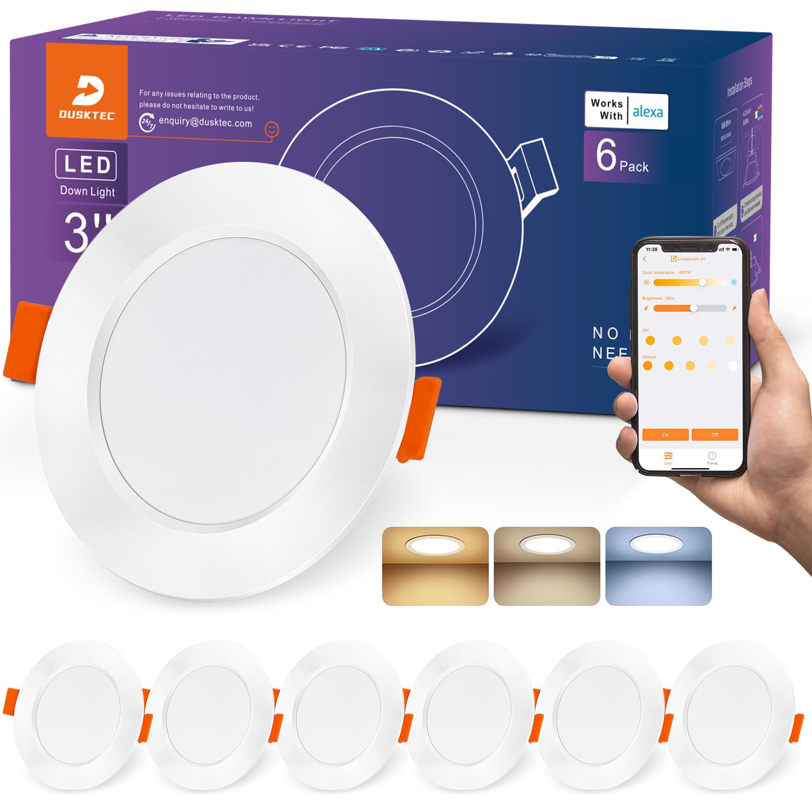 DUSKTEC Smart Downlights for Ceiling 6 Pack, APP & Alexa Controlled LED Spot Lights 7W, Warm White to Daylight Dimmable Spotlights Bluetooth 240V, 68-80mm Cut Out, IP44 Recessed Ceiling Lights