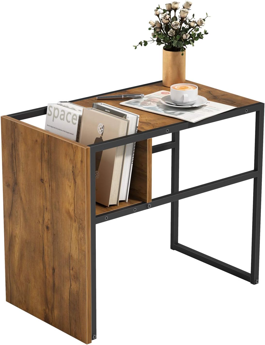 Cubiker Sofa Side End Table, C Shaped Reversible Table with Wooden Shelf, Side Table for Living Room, Bedroom, Metal Frame Nightstand: Kitchen & Dining