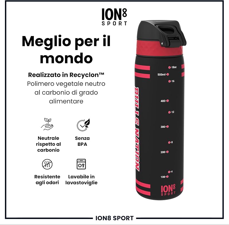 NBA Chicago Bulls Borraccia a Prova di Perdite, 500ml, Facile da Aprire, Serratura Sicura, Lavabile in Lavastoviglie, Senza BPA, Maniglia per il Trasporto, Adatta a Portabicchieri, Facile Pulizia