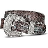 BC Belts Womens Western Leather Belt - 1.5” Wide Embossed Brown & Turquoise Vintage Strap Tooled Antique Silver Scroll Buckle