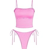 ZAFUL Women's Tankini Swimsuits Ruffles High Cut Swimwear Striped Tie Back Knot Two Piece Cheeky Bathing Suit