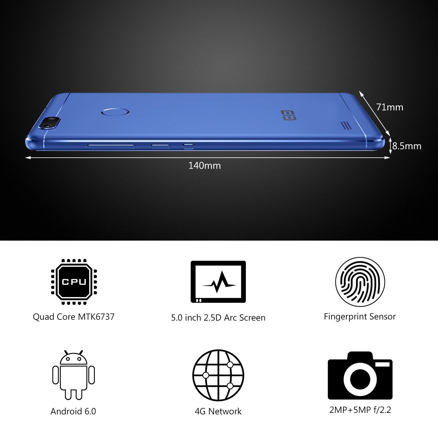 Elephone C1 Mini Migvela Smartphone Android 6.0 4G LTE Quad-Core 5 Inch 1280*720 pixel HD Mobile,1GB RAM 16GB ROM Dual Cameras Dual SIM with Fingerprint(Blue)