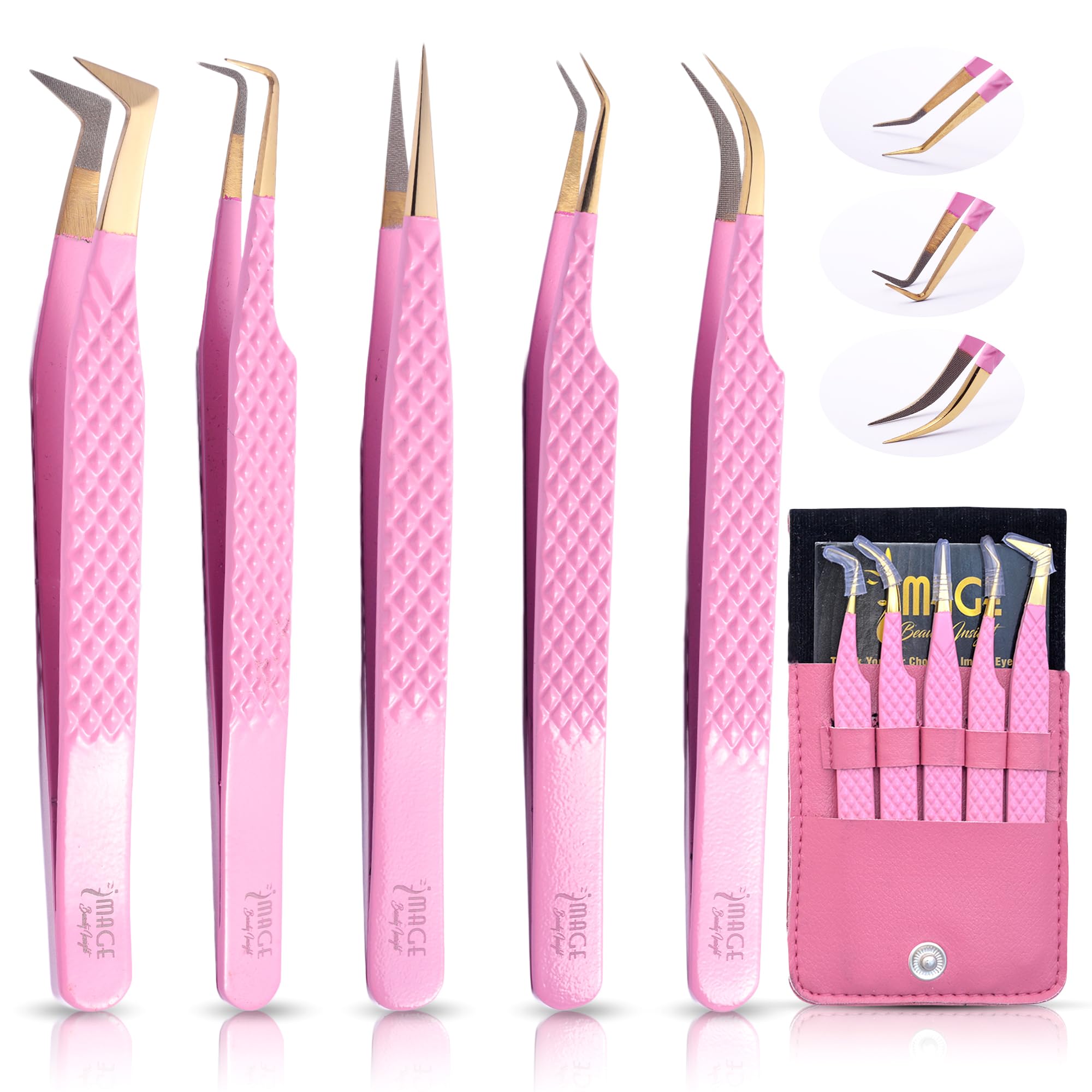 Photo 1 of ***MISSING ONE***SEE PICS***4 Pcs Fiber-Tip Japanese Steel Lash Tweezer Set with Leather Case, Professional Eyelash Tweezers for Lash Extensions – Titanium Coated, 90 & 45 Angled, Precision Pointed Tweezers (PINK)
