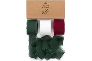 Vitalizart Christmas Ribbon Chiffon Silk Fringes 1" x 21 Yd Fabric Package (3 Rolls * 7 Yd) for Wedding Invitations Bridal Bouquets Decorations Gifts Wrapping & Bow Making Green Red & White
