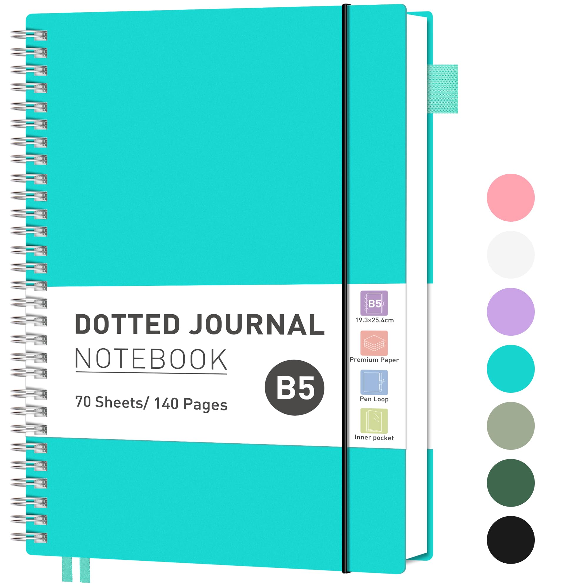 RETTACY B5 Notebook Bullet Dot Journal, Grid Dotted Notebook 140 Pages /70 Sheets for Writing,Notepad with PVC Pocket, Pen Loop, Ruler, Bookmark for Women Men Work Office School, 19 x 25 cm- Turquoise