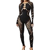 MD FootThera Women's Sexy See Through Jumpsuit, Off Shoulder Mesh Long Sleeve Cut Out Jumpsuit, Leopard Print Clubwear