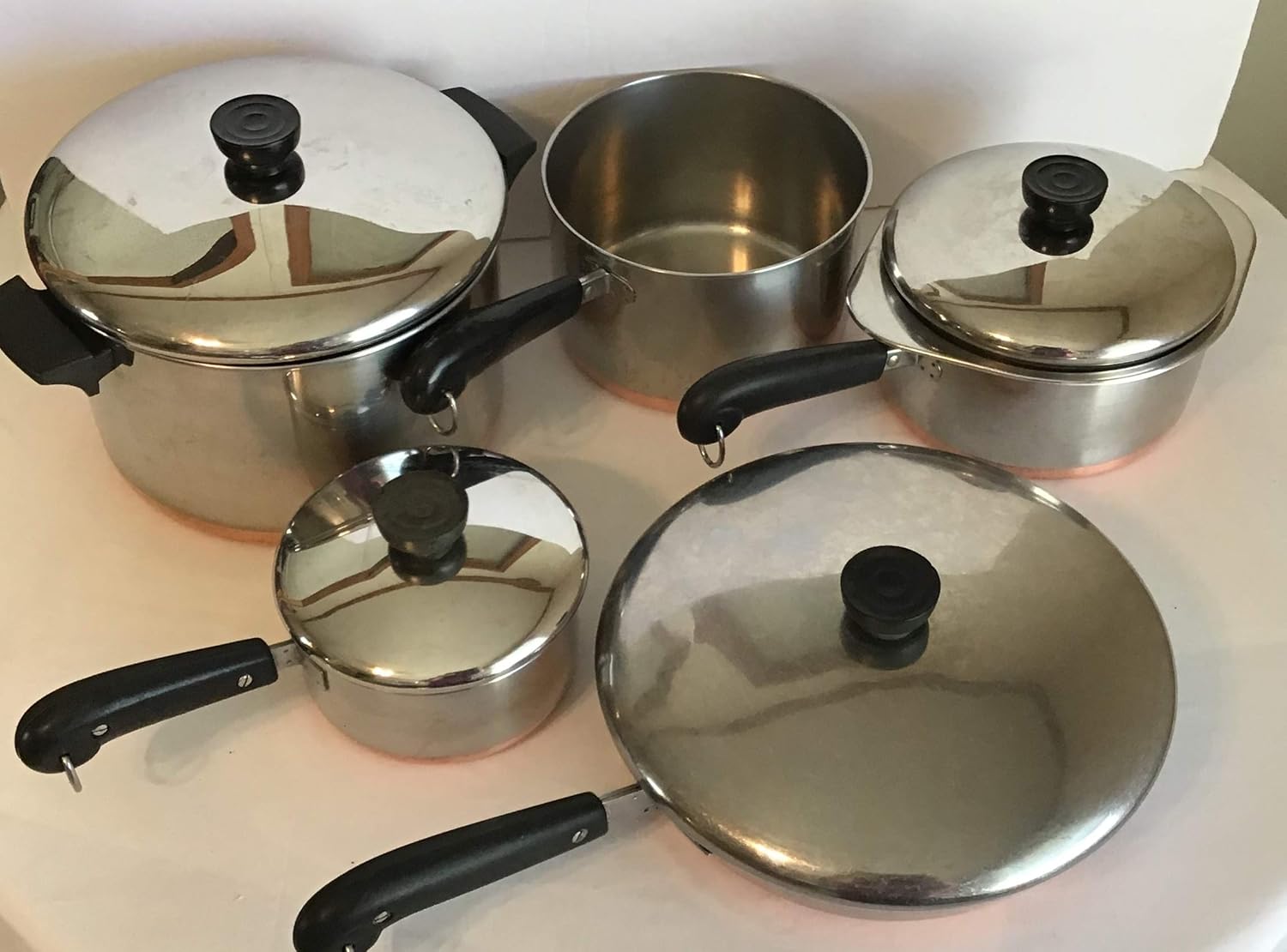 Revere 6qt stockpot, 3qt, 2qt, 1qt Saucepans, 10