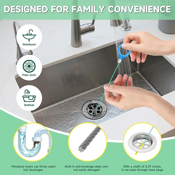 SNAKE DRAIN HAIR REMOVAL TOOL (5 PCS): 4 X 50-INCH DRAIN HAIR REMOVERS + 63-INCH SHOWER DRAIN SNAKE BLOCKAGE REMOVAL TOOL, DRAIN BRUSHES FOR SHOWERS, TOILETS, BATHROOM SINKS AND BATHTUBS.