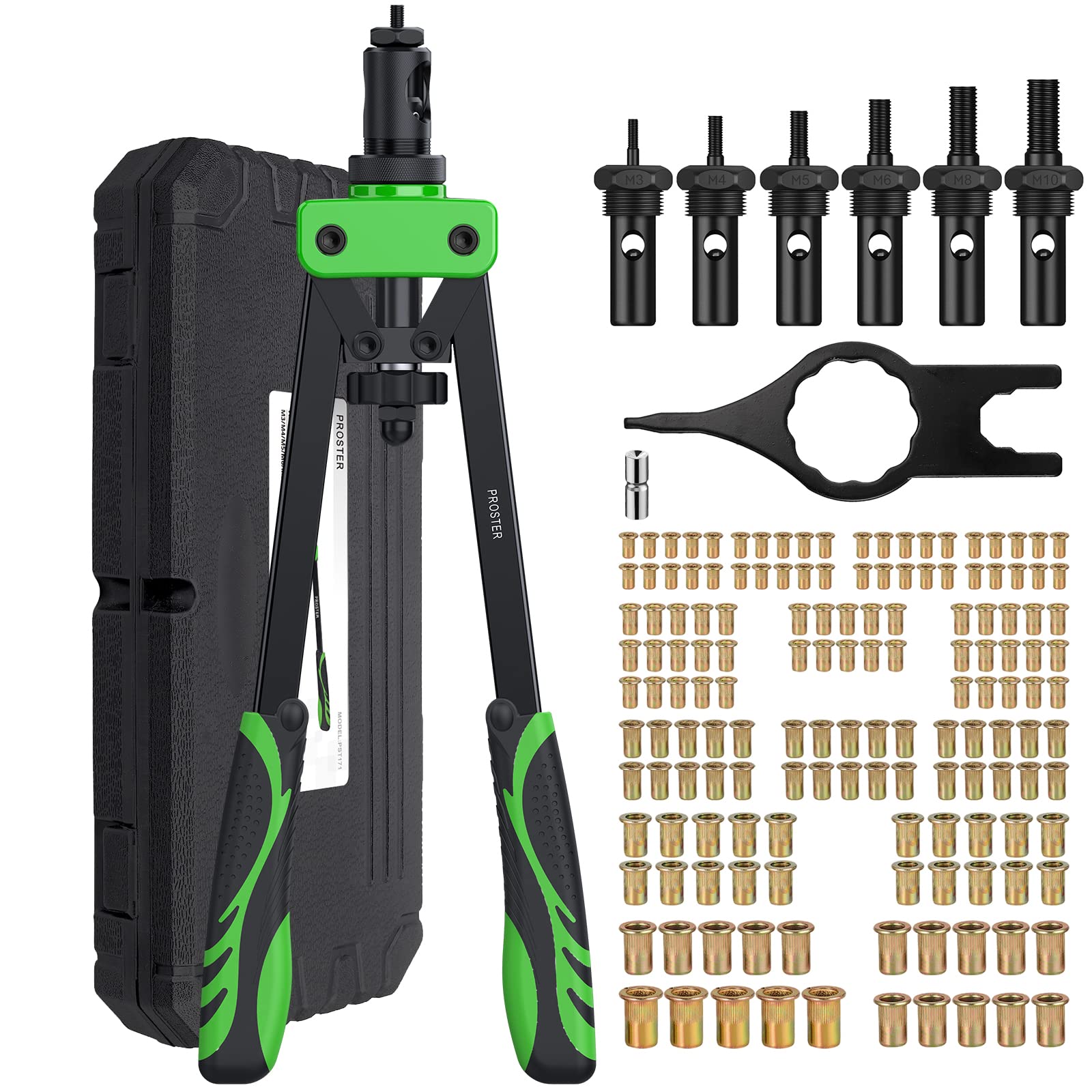 Proster Heavy Duty Rivet Nut Gun Tool Kit 14" with 150Pcs M3 M4 M5 M6 M8 M10 Rivet Nuts & 6Pcs Metric Mandrels High-Strength Alloy Steel Rivet Nut Setter Kit Hand RIV Nut Gun Set with Storage Box