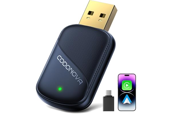 Wireless CarPlay and Android Auto adapter with a gold-plated USB connector for a secure, snug fit