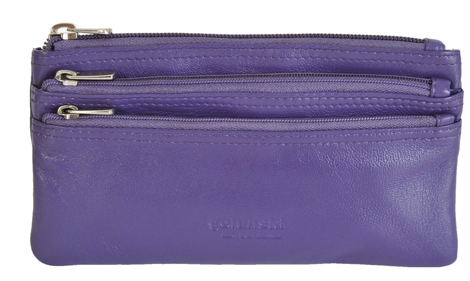 GOLUNSKI Soft Leather 3 Section Zipped Coin Purse 6 Colours – 0330, Purple, L, Coin Pouch