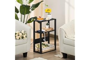 YUFAM 3-Tier Small Narrow Wood Side Table with Charging Station, Skinny Nightstand for Small Space, Slim Bedside Table with Storage for Couch, Thin End Table with USB Ports and Outlets, Black