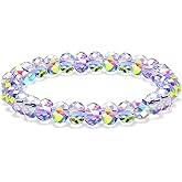 HANGINTHERE Austrian Aurora Crystal Bracelet for Women, 8mm Faceted Beaded Stretch Bracelet, Sparkling Iridescent Crystal Jewelry for Daily Wear, Party, Wedding & Gifts, 7 Inches Fits Most Wrists