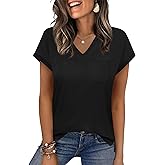 ANRABESS Womens Tops Summer V Neck T Shirts Cap Sleeve Work Dressy Casual Cute Trendy Side Slit Tee with Chest Pocket