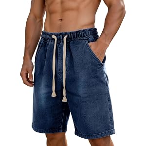 Men Denim Shorts Casual Drawstring Elastic Waist Shorts 2026 Summer Loose Solid Color Beach Short Pants with Pockets