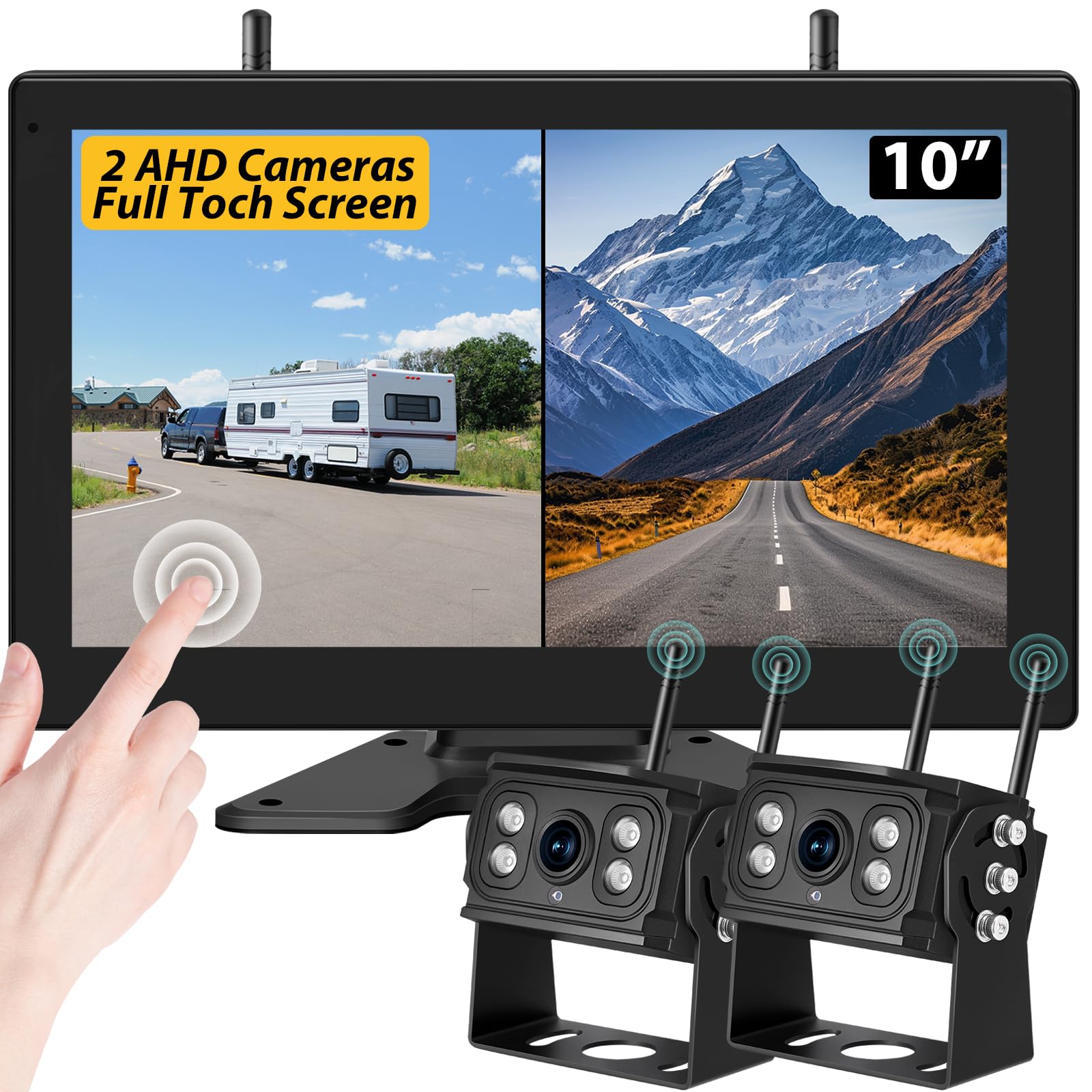 Photo 1 of 10'' Wireless Backup Camera System, 2 HD 1080P IP69 Waterproof Cameras with Large IPS Full Touch Screen 4 Channels Monitor, IR Night Vision Reverse Camera for RV Truck Trailer Camper