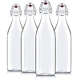 Bormioli RoccoGiara Swing Top Bottles 33 ¾ Ounce/1 Liter (4 Pack) ROUND Clear Glass Grolsch Flip Top Bottle With Stopper, for Beverages, Smoothies, Kefir, Beer, Soda, Juicing, Kombucha, Water, Milk,