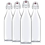 Bormioli Rocco Giara Swing Top Bottles 33 ¾ Ounce-4 Pack Round Clear Glass Grolsch Flip Top Bottle With Stopper, for Beverage