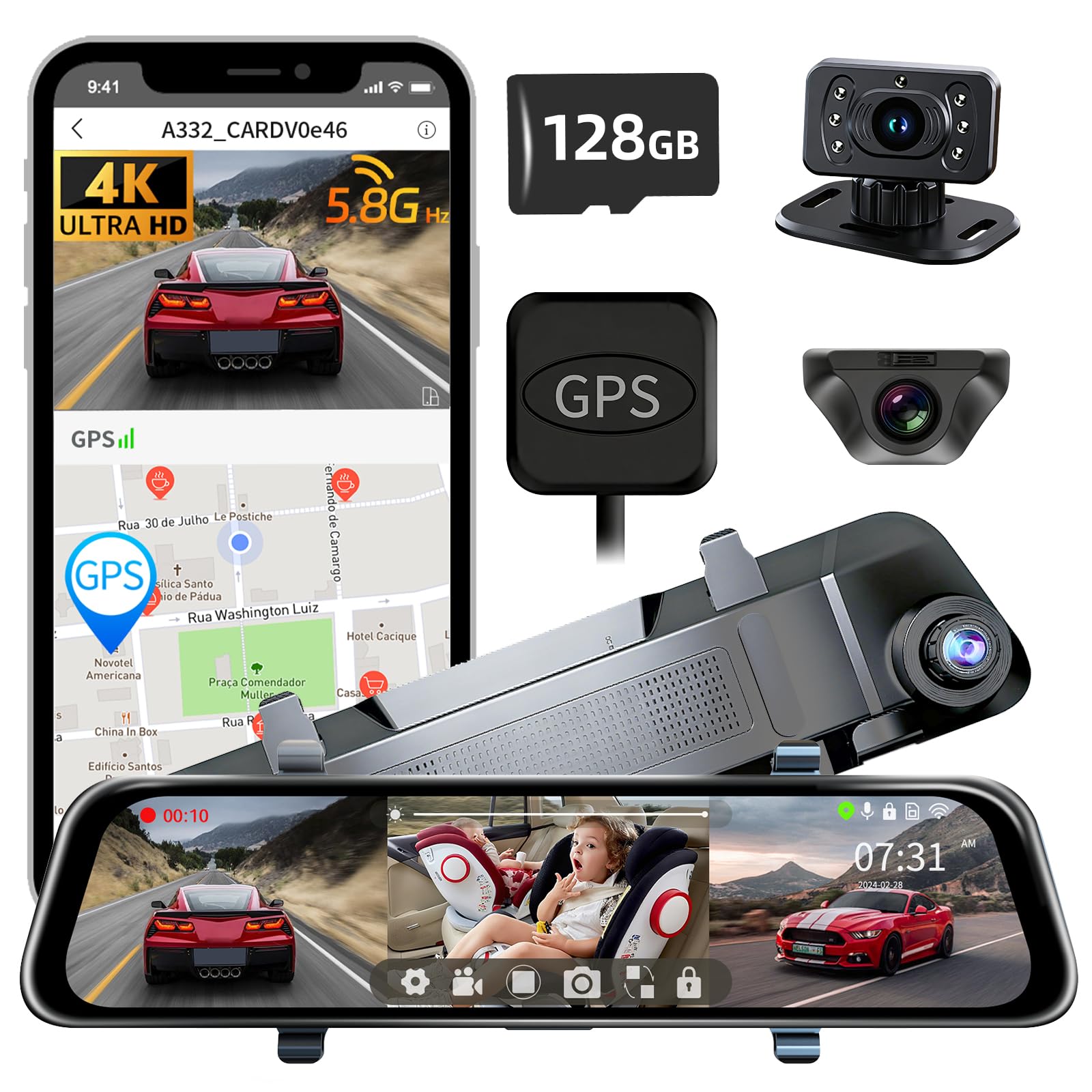 Photo 1 of L09 Mirror Dash Cam with STARVIS 2 Sensor, Rear View Mirror Camera 5.8GHz Fast WiFi, 4K Front 2.5K Rear 1080P Inside Backup Camera for Car, GPS, WDR&HDR Night Vision, 12" IPS Screen, with 128G SD Card