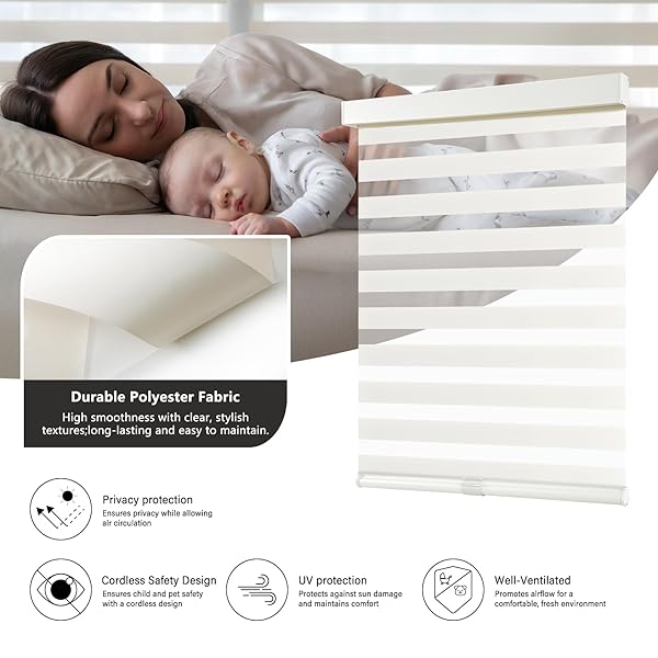 AOSKY CORDLESS ZEBRA BLINDS FOR WINDOWS PULL DOWN ROLLER WINDOW SHADES DUAL LAYER LIGHT FILTERING PRIVACY FOR DAY AND NIGHT, FREE-STOP DOOR SHADES FOR HOME EASY TO INSTALL (26″ W X 72″ H, BEIGE)