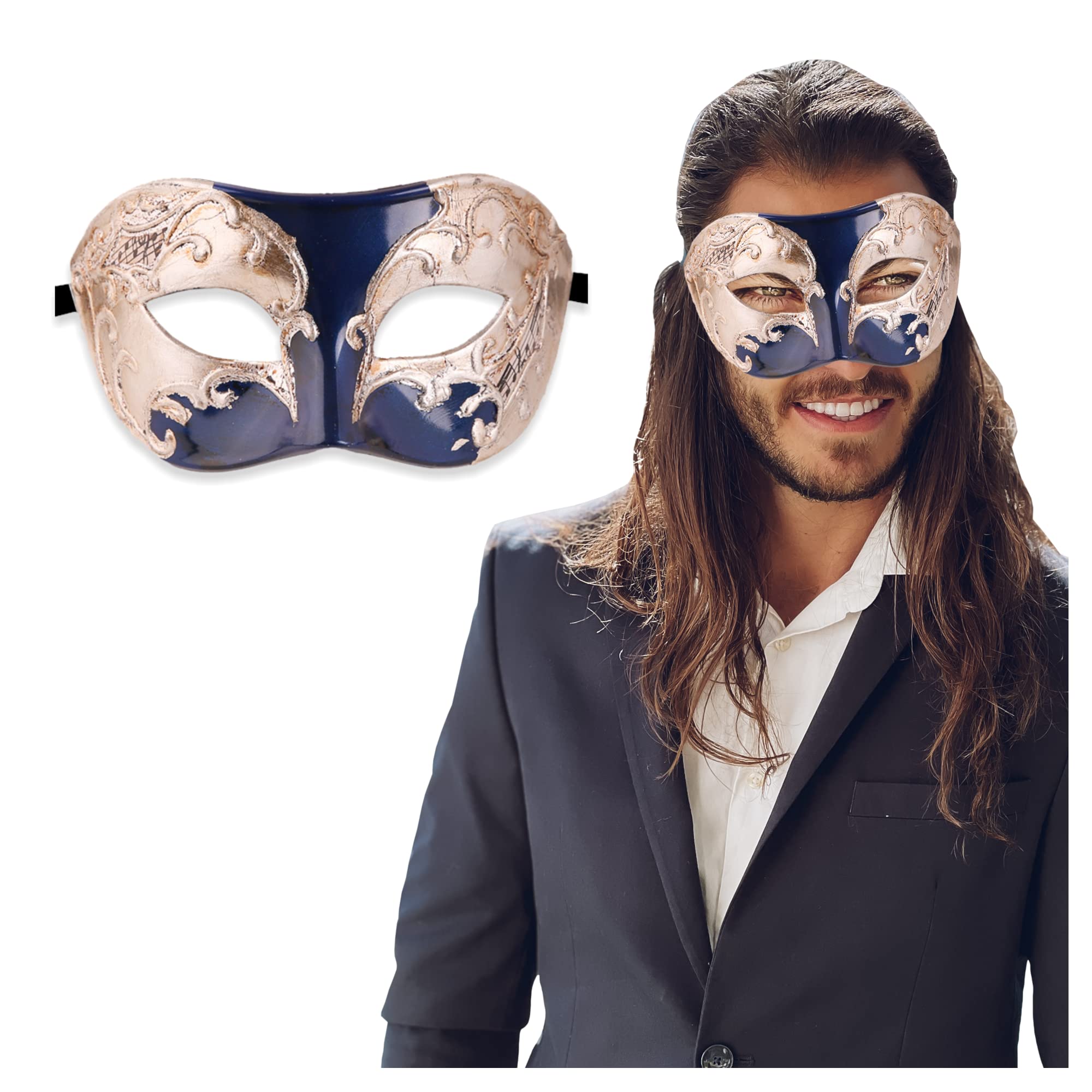 Masquerade Mask For Men - Antique Look Mask for Halloween, Venetian Party, Masquerade Party, Mardi Gras, & Prom, Blue/Silver Musical, One size