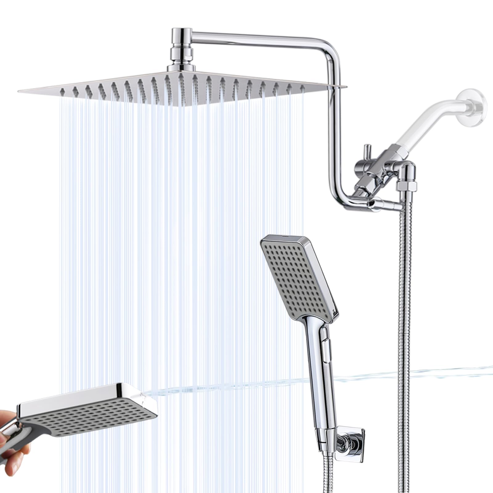 Photo 1 of 10" High Pressure Rainfall Shower Head with Handheld Combo, Upgrade 12" Extension Arm Height Adjustable, Powerful Stainless Steel Shower Head, Brass Shower Holder Extra Long Shower Hose, Chrome