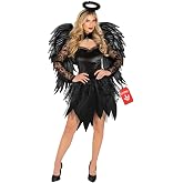 Morph, Fallen Angel Costume Women, Halloween Costumes for Women | Black Lace Dress with Gothic Detailing, Pair of Printed Black Angel Wings and Feather Halo Included, Perfect for Halloween