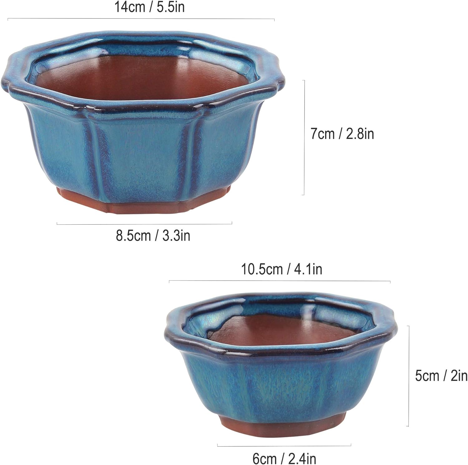 happy bonsai 5" Small Glazed Pots, Value Set of 2 + 4 Soft Mesh Drainage Screens, Blue - Image 4