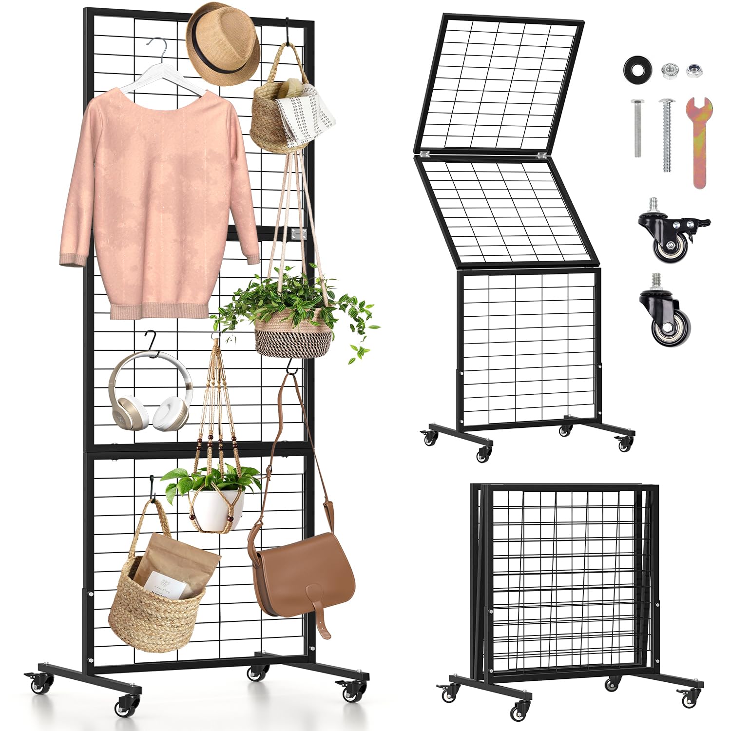 Photo 1 of 1 Pack Heavy Duty Foldable Gridwall Panels, Adjustable Grid Wall Panels with Braked Wheels, Suitable for Craft Merchandise Display Item Storage (Black)