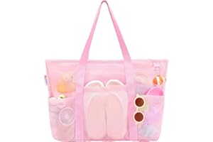 Tagitary Mesh Beach Bag with Zipper Large Beach Tote Waterproof Sandproof with 8 Pockets for Toys Pool Bag Beach Accessories