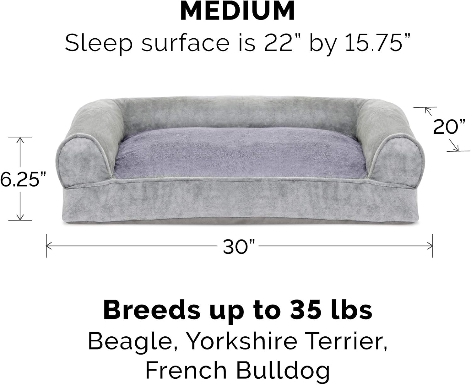 Furhaven Pet Dog Bed - Faux Fur and Velvet Pillow Cushion Traditional Sofa-Style Living Room Couch Pet Bed with Removable Cover for Dogs and Cats, Smoke Gray, Medium : Pet Supplies