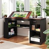 Verano Garden 55.1" Drafting Table, Craft Art Table, Computer Desk, Black | Storage Cabinet, Drawer, 0-80&deg; Tiltable Tabletop, Adjustable Shelf, Power Outlet, Artists, Painters, Drawing, Crafting