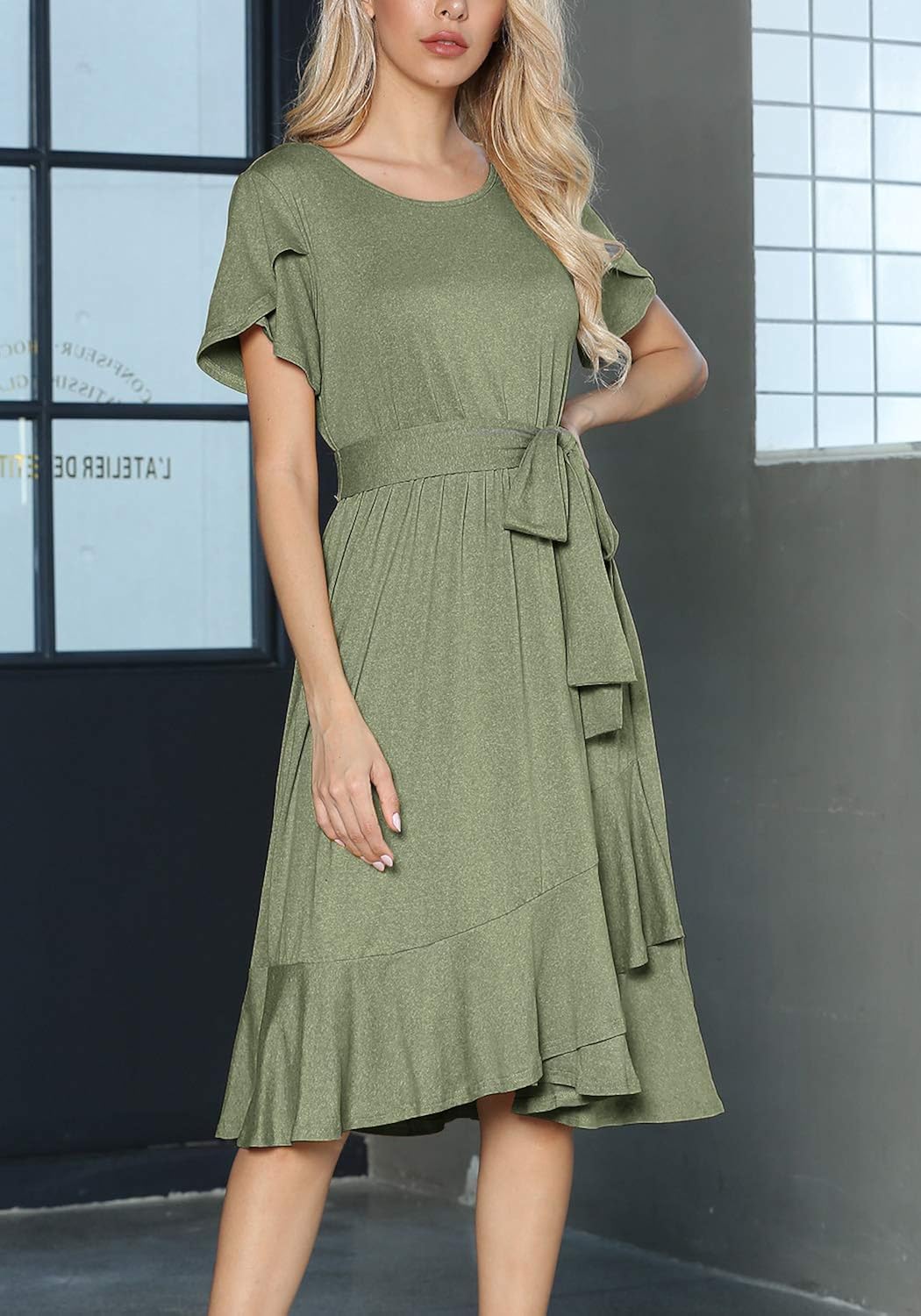 levaca women's plain casual flowy short sleeve midi dress with belt