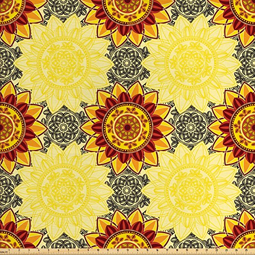 Lunarable Yellow Mandala Fabric by The Yard, Bohemian Floral Decorative Motifs Framework Colorful Hippie Traditional, Decorative Fabric for Upholstery and Home Accents, Multicolor
