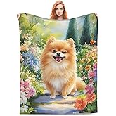 Pomeranian Blanket Gifts for Kids Adult Women Men Lightweight Soft Vintage Flower Puppy Dog Flannel Throw Blankets Cozy for Pet Lovers Living Room Sofa Couch Bed Room All Season Decor 50x60in