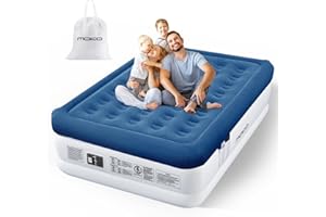 MoKo Air Mattress Queen with Built in Pump, 18'' Luxury Inflatable Mattress, 3 Min Fast Blow up Mattress with Dual-Chamber, Comfort Top - Velvety Air Bed for Home, Camping, Travel, Guests, White/Blue