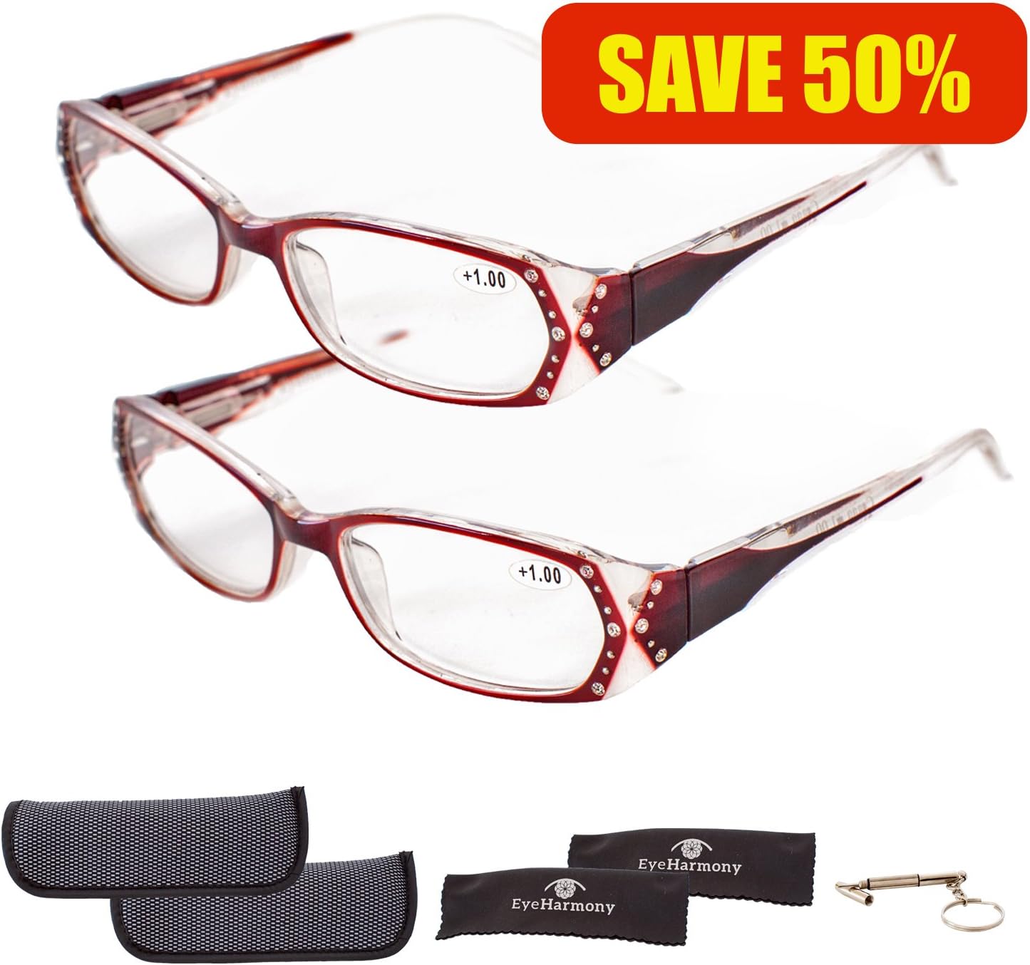 Reading Glasses for Women Absolutely the BEST VALUE! 6 Crystal Clear Magnifying Powers in 3 Awesome Colors with Durable Comfort Spring Arms - SATISFACTION GUARANTEED! Bundle 7 Items 2 Stylish Readers 2 Protective Cases 2 Cleaning Cloths 1 Screwdriver
