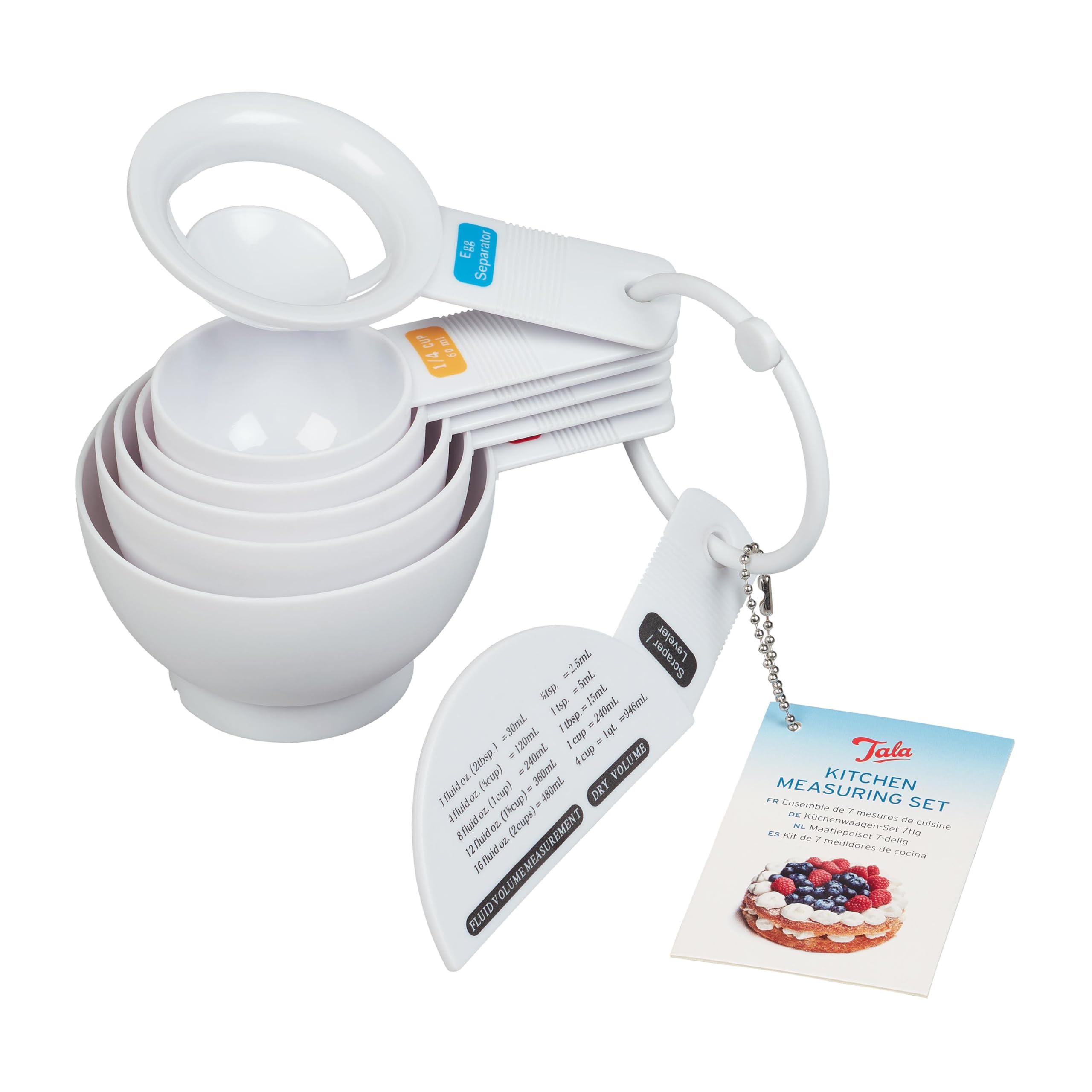 Tala Kitchen Measuring Set, in White Plastic and Contains 7 Measuring Cups Including 1 cup/240ml, 3/4 cup/180ml, 1/2 cup/120ml, 1/3 cup/78ml, 1/4 cup/60ml