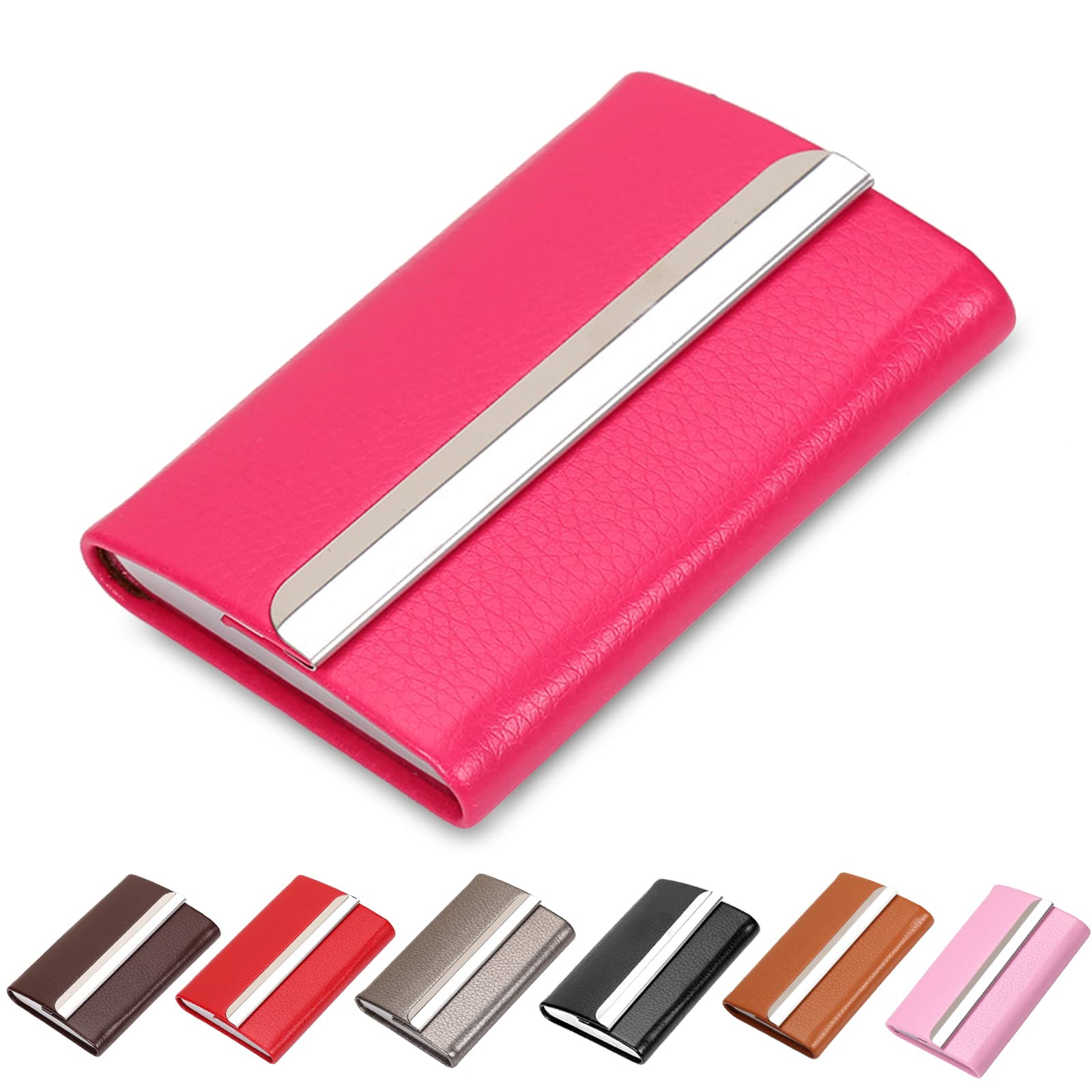 Waylipun Business Card Holder, Professional PU Leather & Stainless Steel Business Name Card Case, Keep Business Cards in Immaculate Condition, Slim Metal Pocket Card Holder for Men & Women(Rosered)