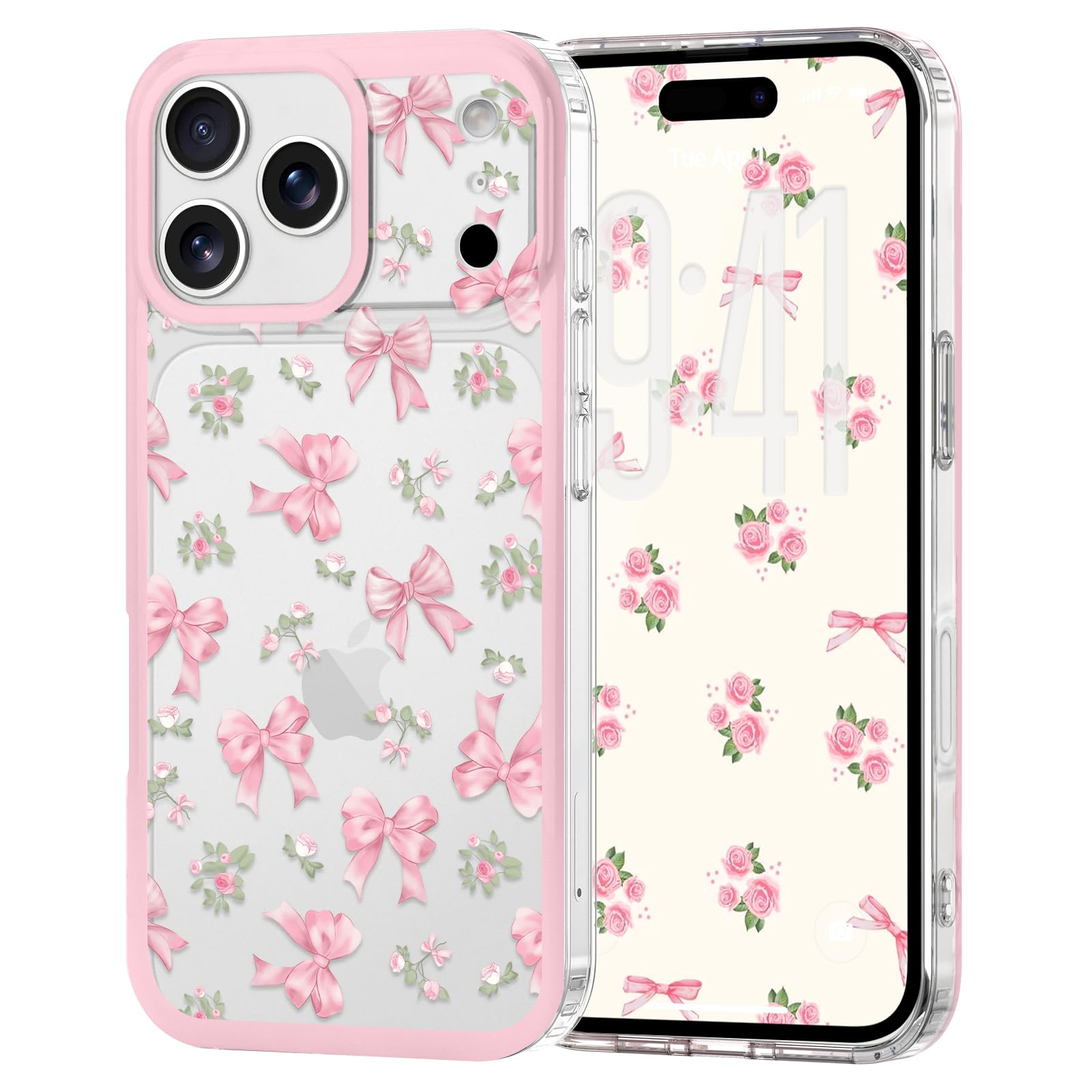 Urarssa for iPhone 17 Pro Case for Women Girls, Clear Cute Ribbon Bowknot Pattern Luxury Aesthetic Bow Design Transparent Slim Soft TPU Shockproof Protective Phone Case for iPhone 17 Pro, Rose Bow
