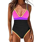popvil One Piece Swimsuit Women 2025 Neon Color Block Contrast Cross Strap Bathing Suit Modest Cute Swim Suits