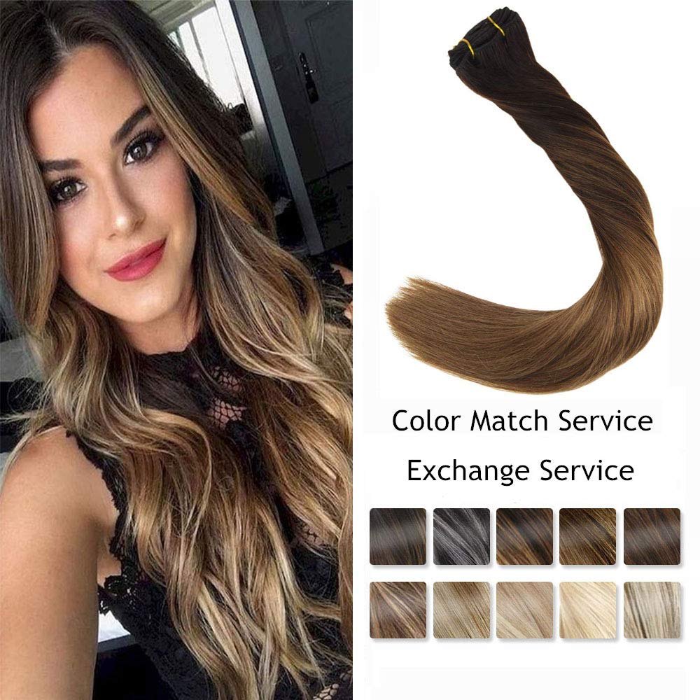 Laavoo 22 Inch 120 Gram 10pcs Per Package Remy Balayage Clip On Human Hair Color Dark Brown Fading To Medium Brown And Light Golden Brown Clip In Hair