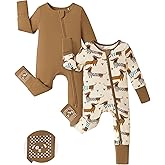 PATPAT Baby Footie Romper, Viscose from Bamboo, Long Sleeve, 2-Way Zipper, Fold-Over Mittens, Cuffs & Anti-Slip Grips
