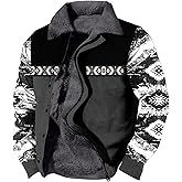 domirica Aztec Cowboy Western Jackets for Men Long Sleeve Sherpa Fleece Zipper Retro Ethnic Print Fashion Warm Coats