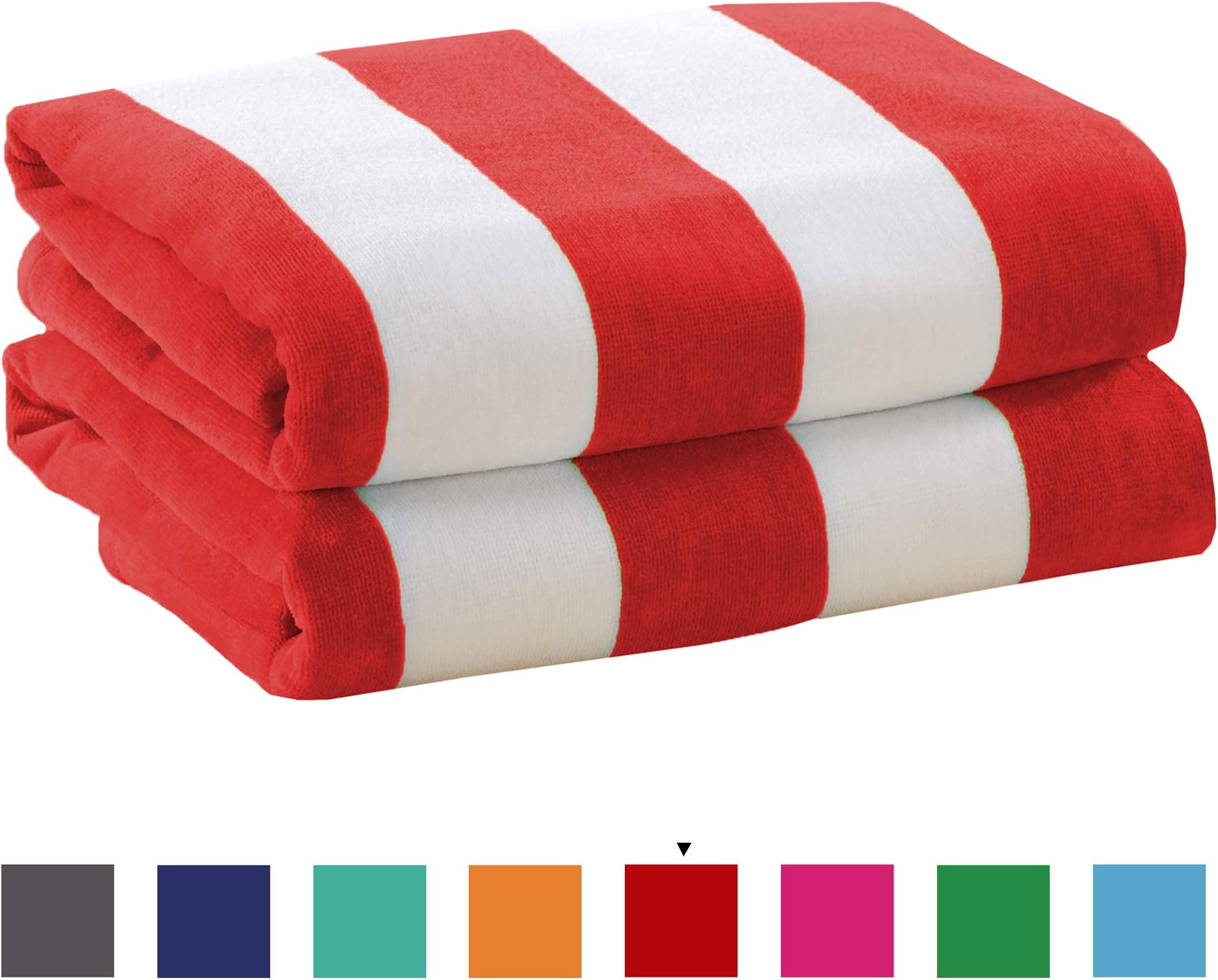 2 Pack Plush Velour 100% Cotton Beach Towels. Cabana Stripe Pool Towels for Adults. (Red, 2 Pack- 30" x 60")