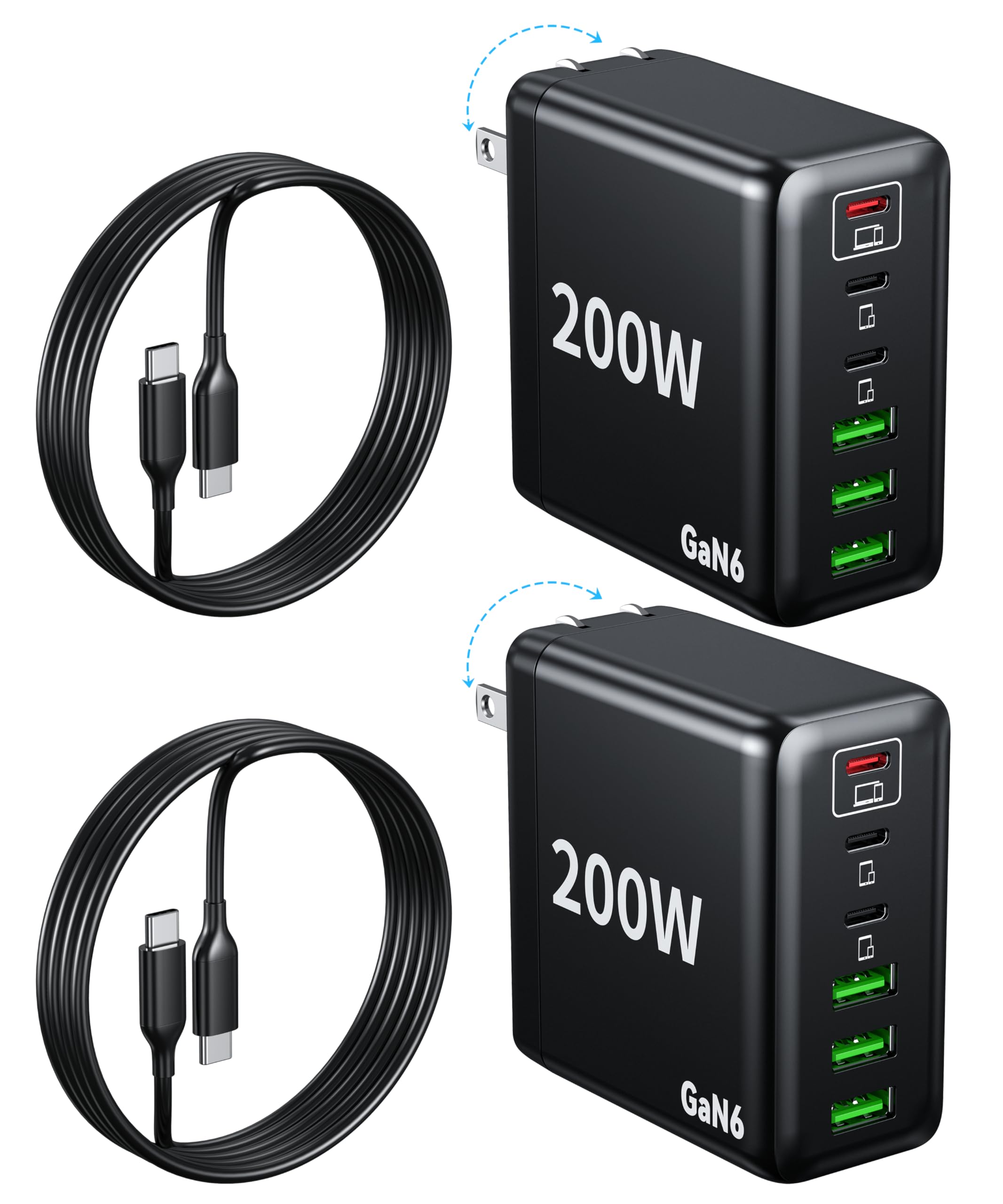 Photo 1 of 2 Pack USB C Charger Block 200W,6 Port Foldable Fast Charger Type C Charger iPhone 17 16 Fast Charging PD 3.1 Charging Station for All iPhone/Samsung Galaxy S25/S24/MacBook Pro/iPad