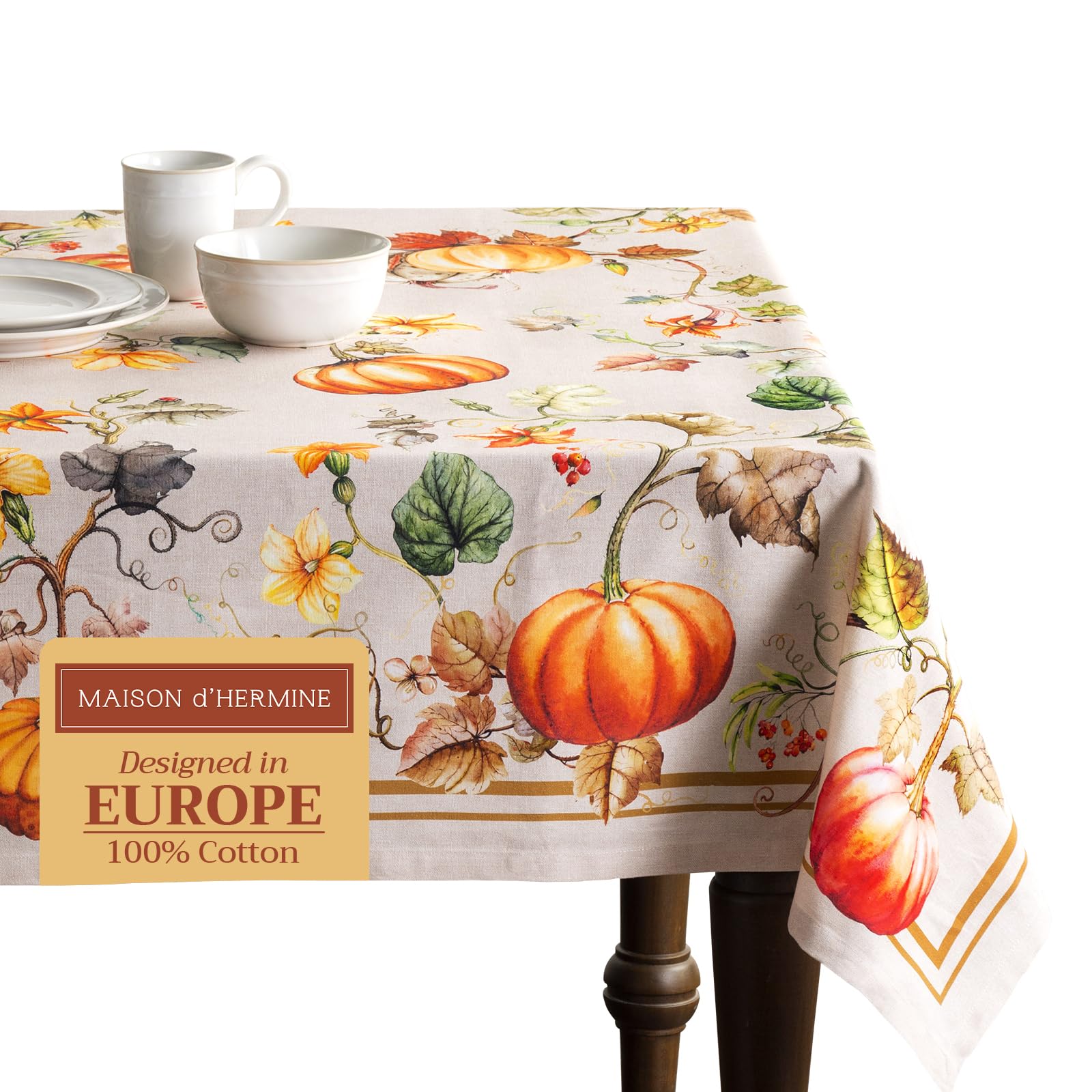 Maison d' Hermine Pumpkin 100% Cotton Tablecloth for Kitchen | Dinner | Table | Party Decoration | Weddings | Thanksgiving/Christmas (Rectangle, 140 cm x 180 cm)